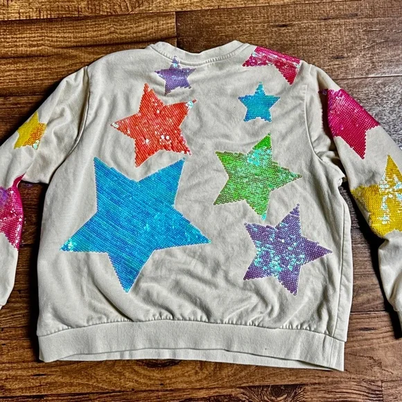 Queen Of Sparkle ~ Medium ~ White W/ Multi-Colors Star Sequins Sweater (Read) - Picture 8 of 12
